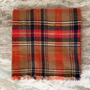 Oversized Plaid Winter Scarf - Orange, Tan, Navy, White & Red Blanket Scarf